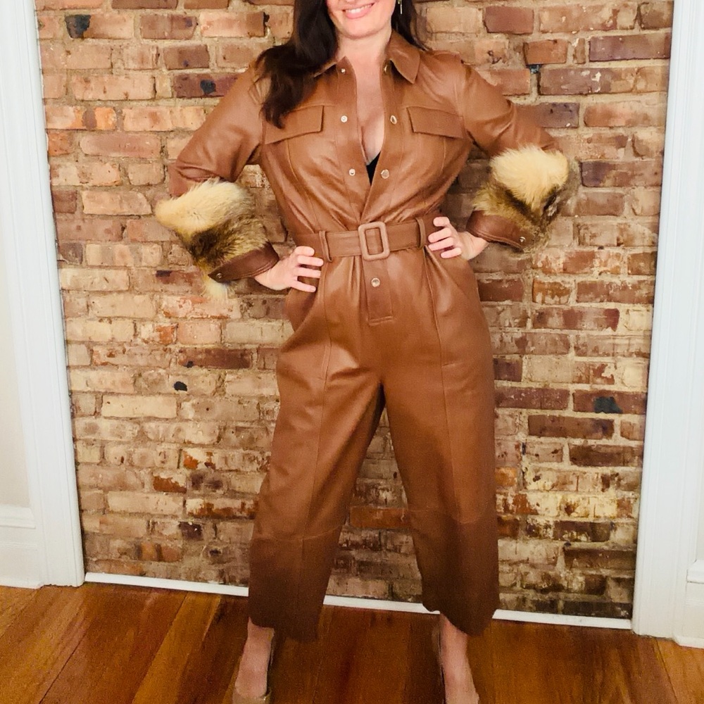 Brown  leather jumpsuit.